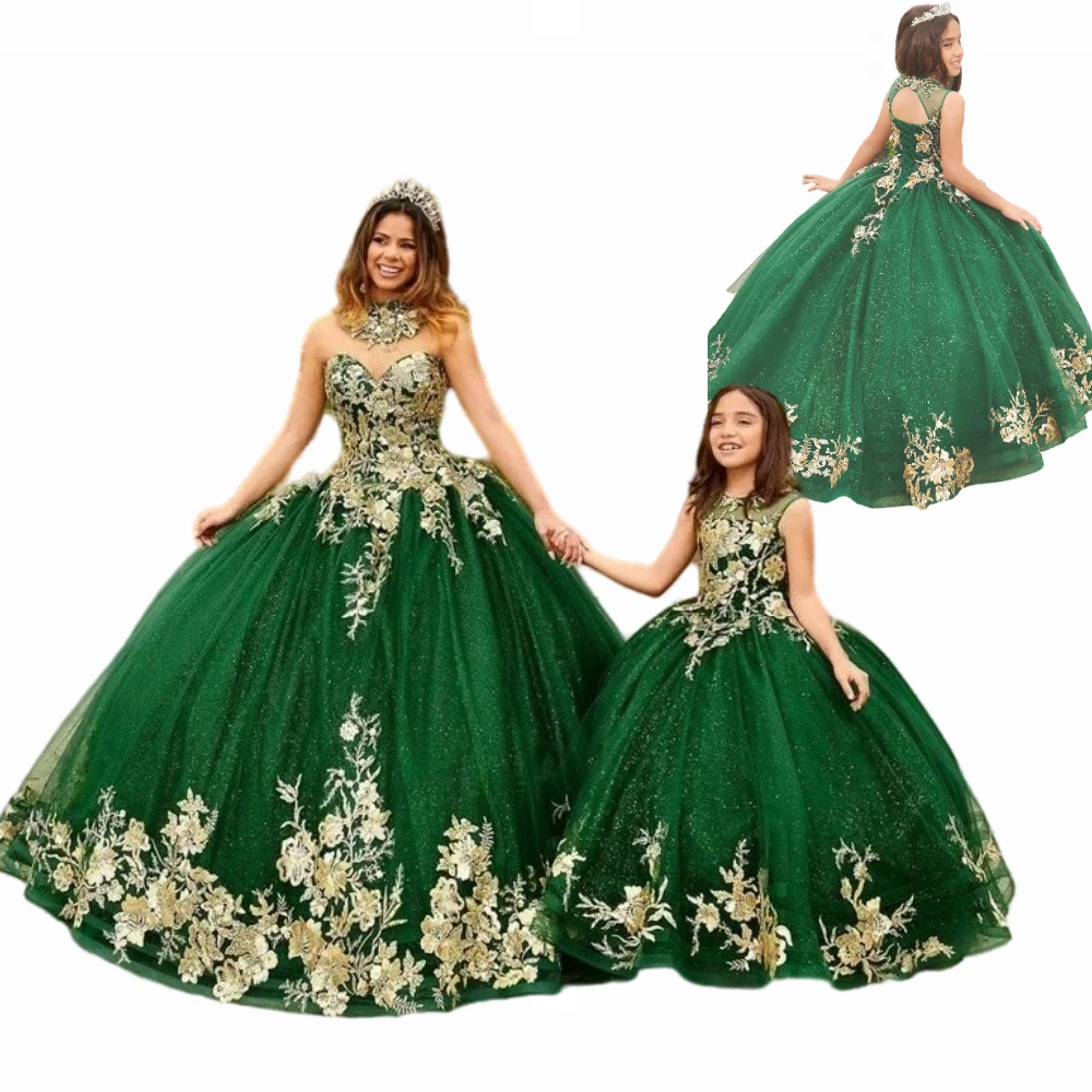 

Luxury Flower Girls Dress Elegant Gold Printing Wedding Dresses Kids Princess Pageant Dreses Party Prom Puffy Ball Gowns