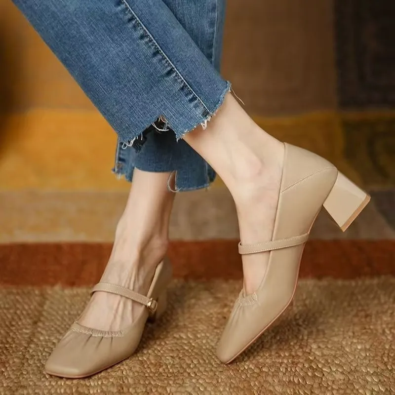 المرأة موضة مضخات ربيع الخريف جديد ماري جين المرأة ساحة تو الضحلة حذا فردي للسيدات فستان جلد حفلة حذاء بكعب سميك الأحذية