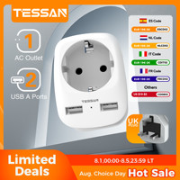 TESSAN EU To UK Travel Adapter Portable Wall Socket with 1 Outlet 2 USB Ports Type G A I F Plug US/DE/AU/England Adapter Socket