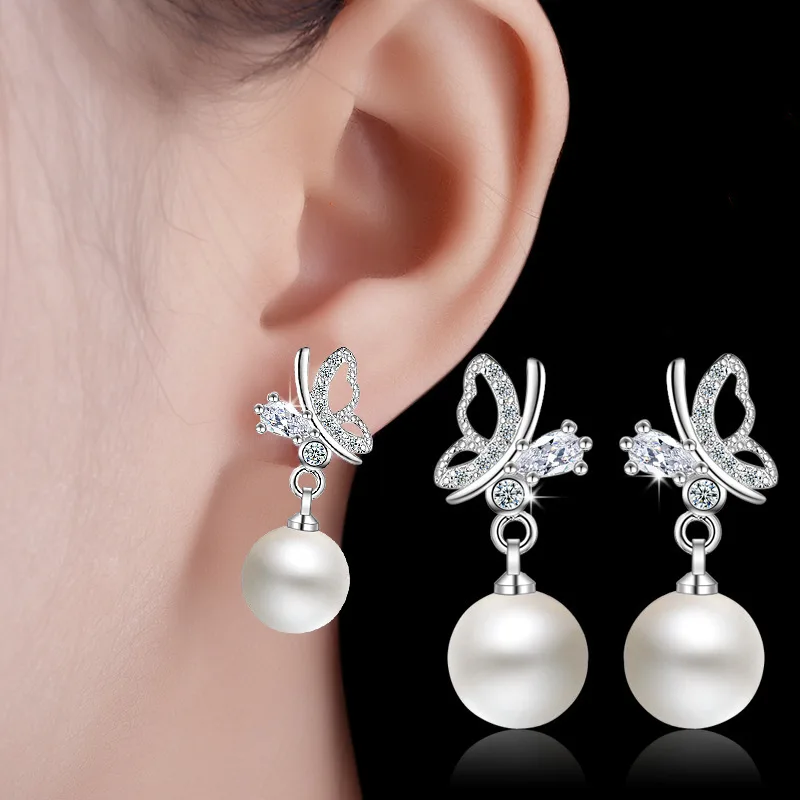 Luxury Crystal Aaa Zirconia Cute Butterfly Pearl Stud Earrings For Women Fashion 925 silver needle Earring Top Jewelry