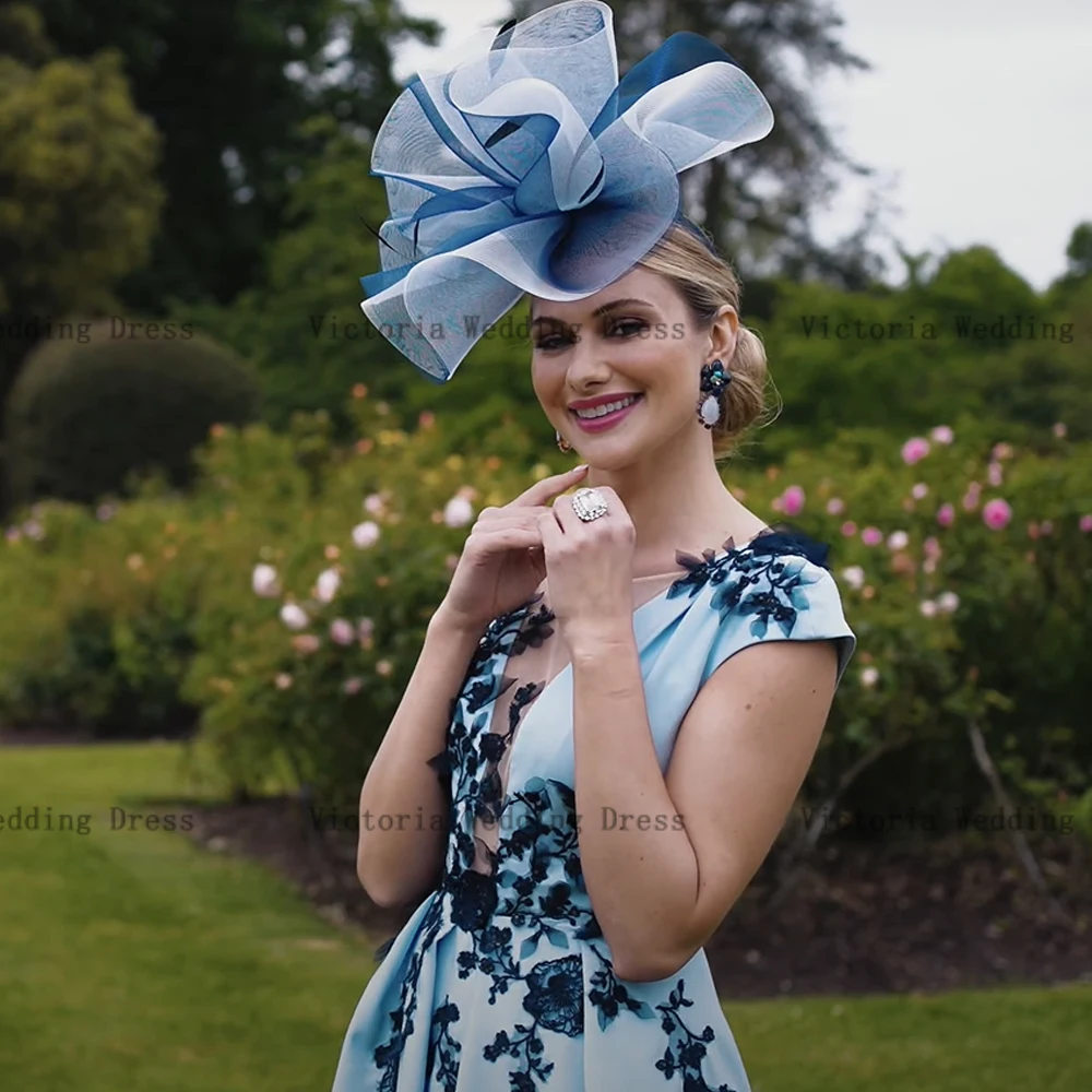 Élégantes robes de mère de la mariée bleue, col en V, mancherons, fête de mariage, quelles que soient les appliques, longueur au rinçage, ligne A, 2024