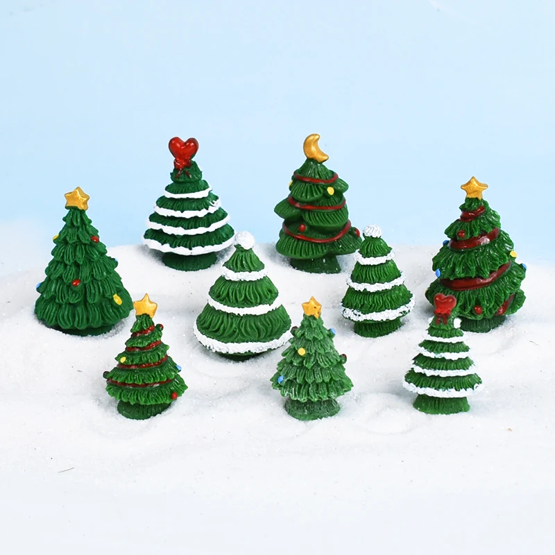 Mini Christmas Tree Ornament Cute Resin Xmas Tree Figurine Garden Decor Miniature Landscape Decorations People Statue DIY Crafts