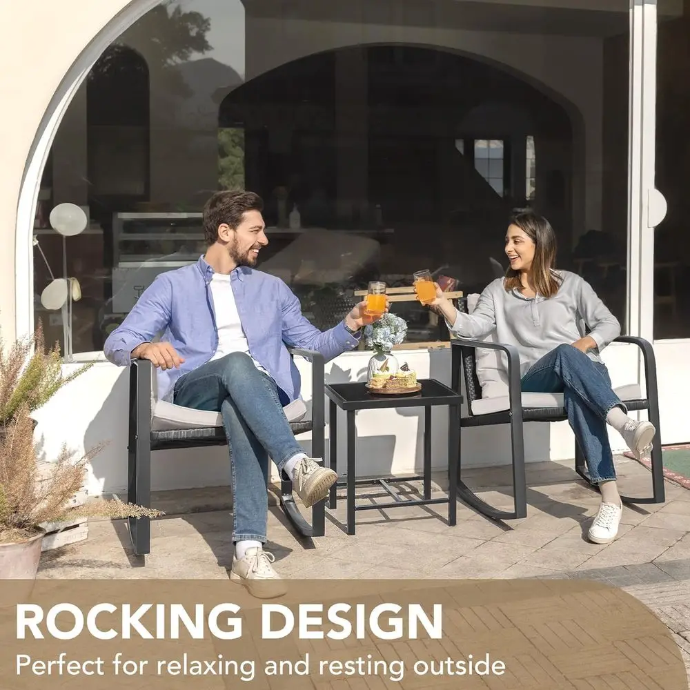 3 Piece Rocking Bistro Set Wicker Patio Outdoor urniture Porch Chairs Contion Sets with Glass Coee Table (Beige)