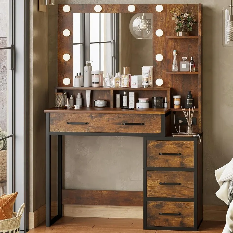 Vintage Makeup Vanity with Lights in 3 Colors and Charging Station of 2 USB Ports and Outlets, Rustic Brown and Black