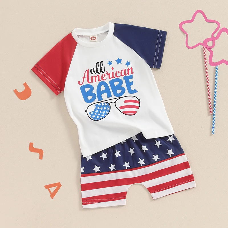 Baby Patriotic Outfits Sunglasses Star Stripe Print Short Sleeve T-Shirt and Elastic Shorts Set for Toddler