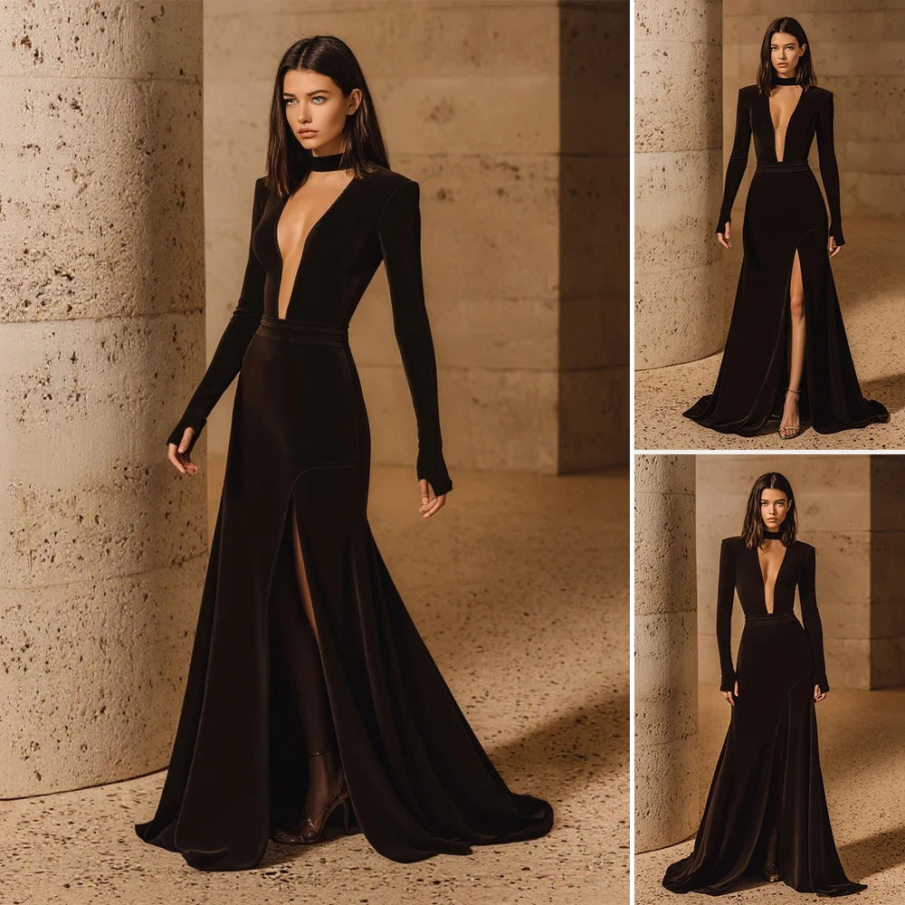 فساتين حريمي خريف 2025 مثير بلون كم طويل رقبة دائرية الصدر تصميم مقصوص الخصر ثوب مسائي #1