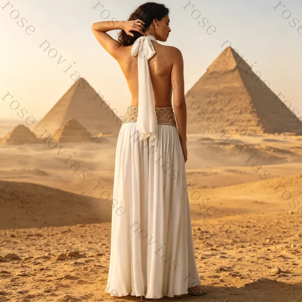 Customized Halter High Neck Chiffon Wedding Gowns Bohemian Ruched Bodice Beaded Waist High Slit Long Style Bridal Dresses