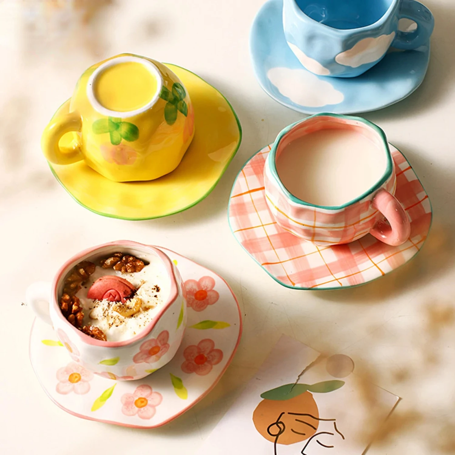 Stunningly beautiful hand-painted ceramic flower coffee mugs, the essential microwave safe cup with matching plate, an exquisite