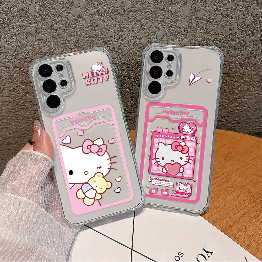 Cartoon Hello Kitty Hot Funny Card Hold Phone Case For Samsung S24 S23 S22 S21 S20 FE Plus Ultra M54 5G Anti-fall Clear Cover