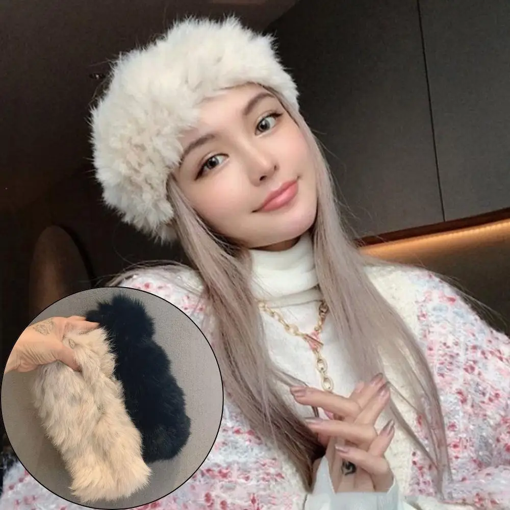 

Autumn Winter Warm Wide Brim Rabbit Fur Hairband Women's Hand-Knitted Fur Hair Band Soft Plush Snowy Cap Retro Elastic Headwear