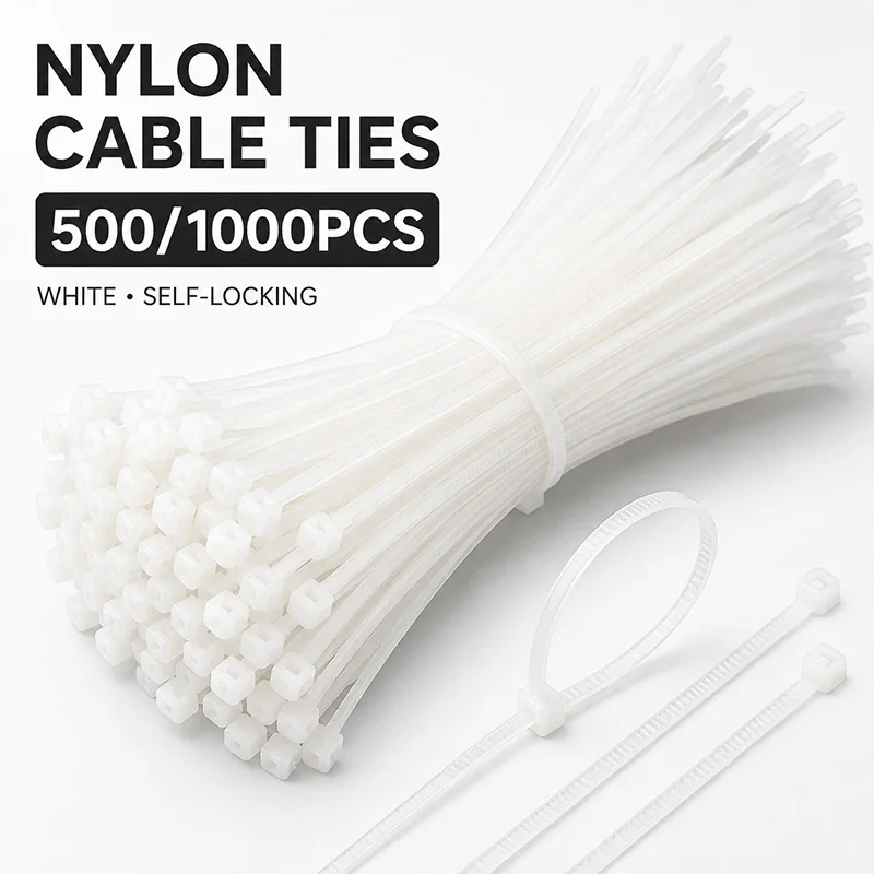 500/1000PCS White Self Locking Nylon Cable Ties Multiple Sizes Zip Wrap Wire Organizer Fastening Straps for Home Office DIY Use