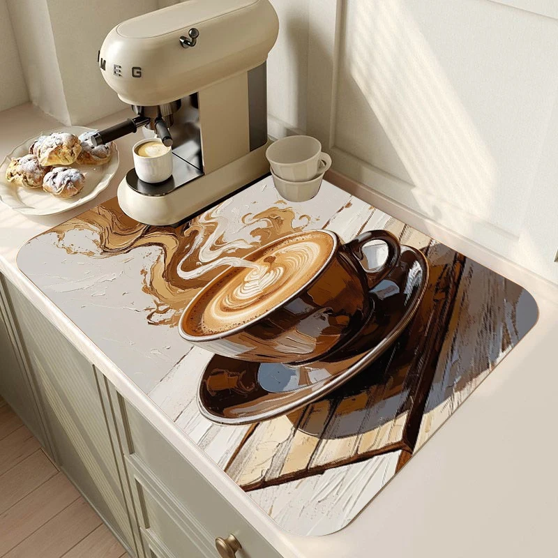 Coffee Theme Absorbent Dish Drying Mat Non-Slip Kitchen Counter Pad with Coffee Clock Latte Art Ground Print for Coffee Lovers