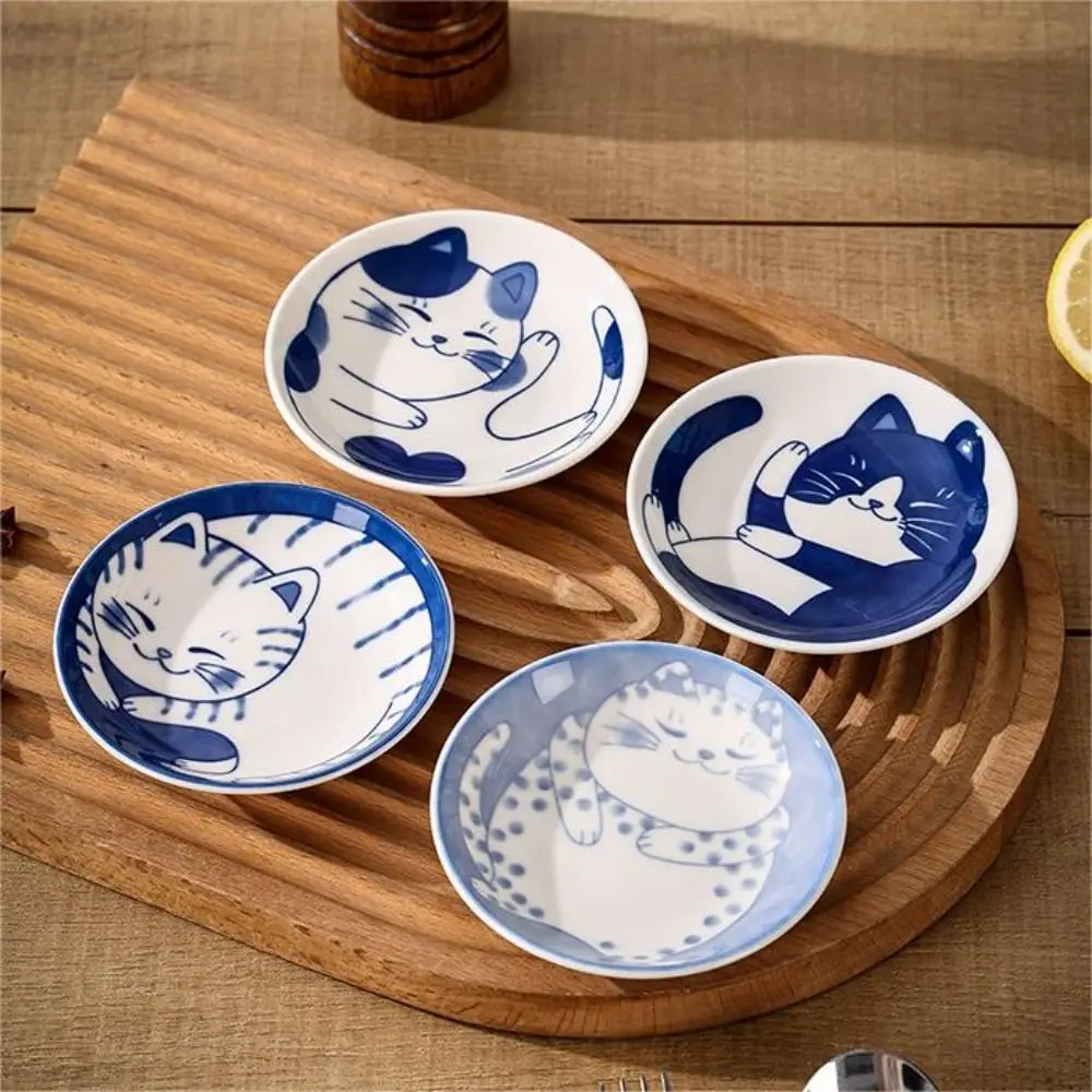 Ceramic Dessert Sauce Dish Underglaze Cartoon Lucky Cat Pattern Sauce Dish Small Cute Seasoning Plates Fruit Sushi Plates