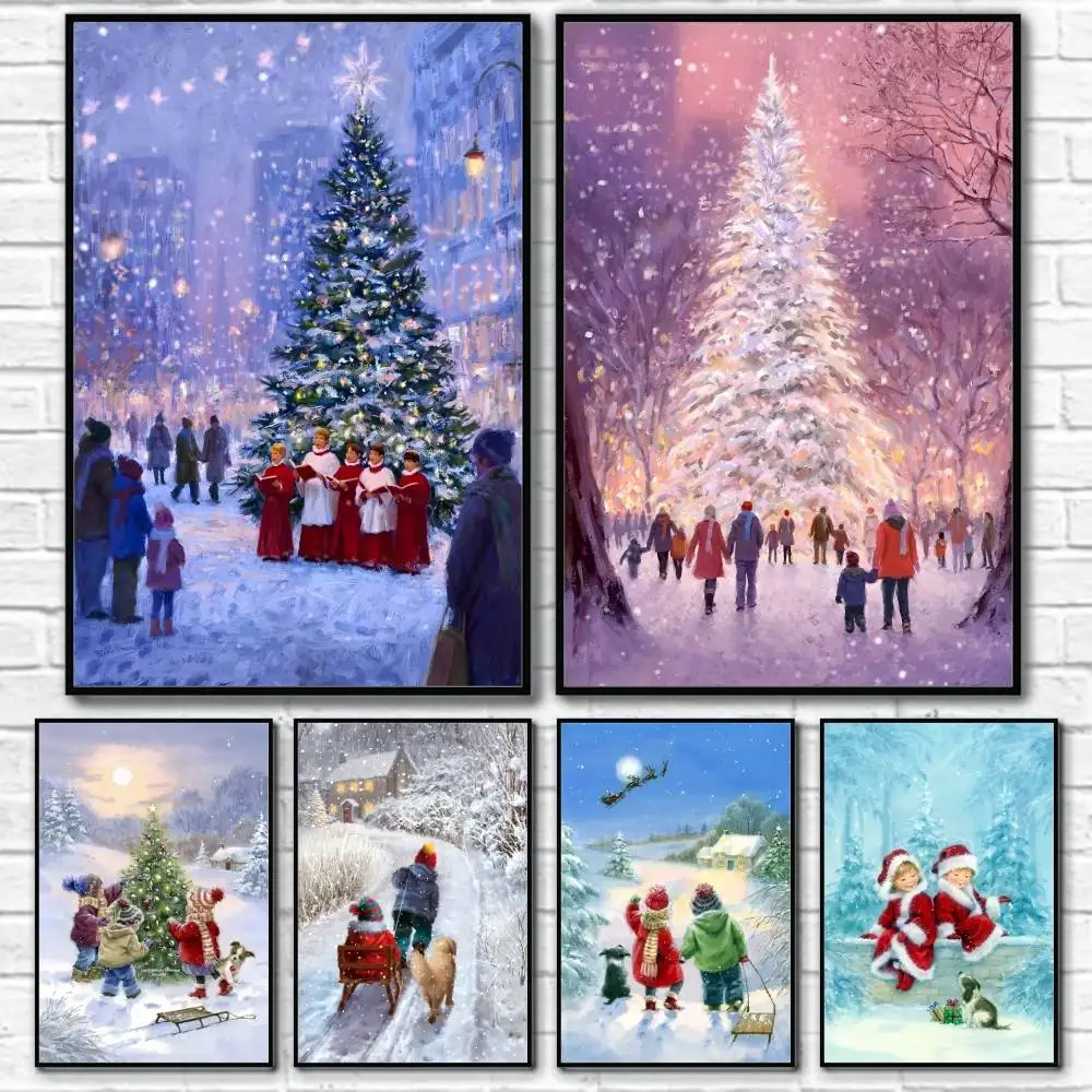 

Christmas Snow Scene Oil Painting Poster Home Living Bed Room Bar Hallway Sticky Wall Art Printing Waterproof Aesthetic Decor