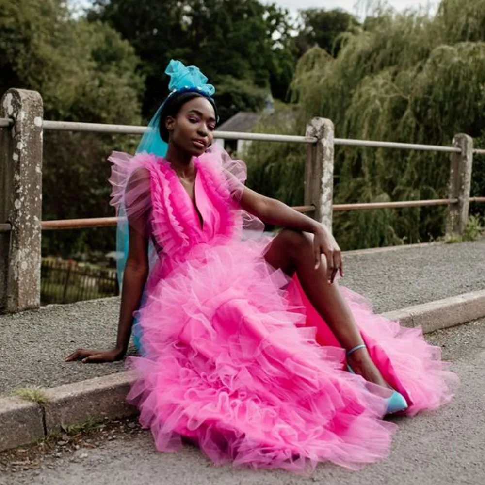 Colorful Fuchsia Layered Tulle Long Bridal Dresses Ruffles Trimmed Asymmetrical Women Maxi Gowns With Veil Color Free