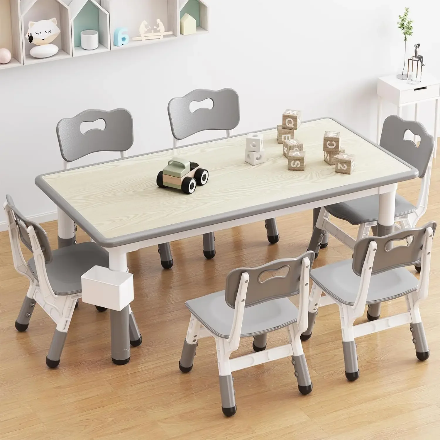 Conjunto de mesa infantil e 6 cadeiras com caixa de armazenamento, conjunto de mesa e cadeira para crianças com altura ajustável para idades de 2 a 10 anos, graffiti