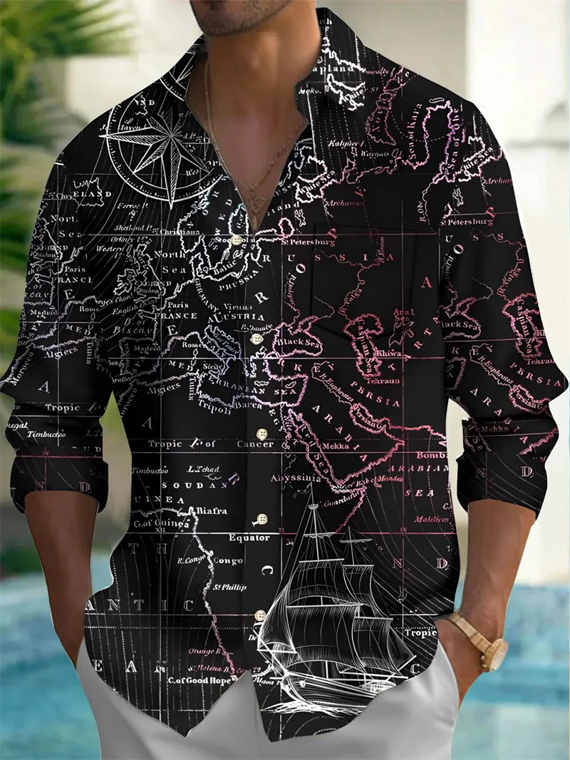 Fashion Earth Map Graphic Shirts For Men Street Style Casual Unisex Retro 3D World Map Print Long Sleeve Shirt Designer Clothes view 6