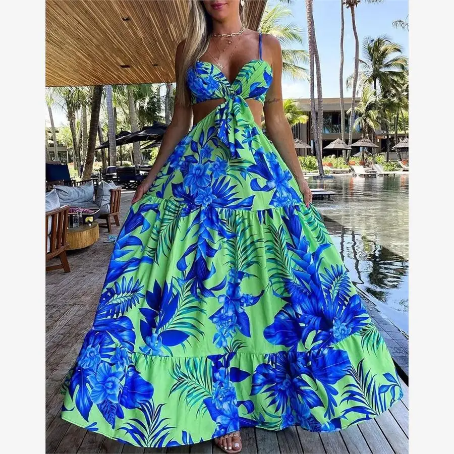 

Tropical Print Maxi Dress Floral Street Style High Waist V-Neck Sleeveless Gown with Cutout Tied Detail And A-Line Skirt