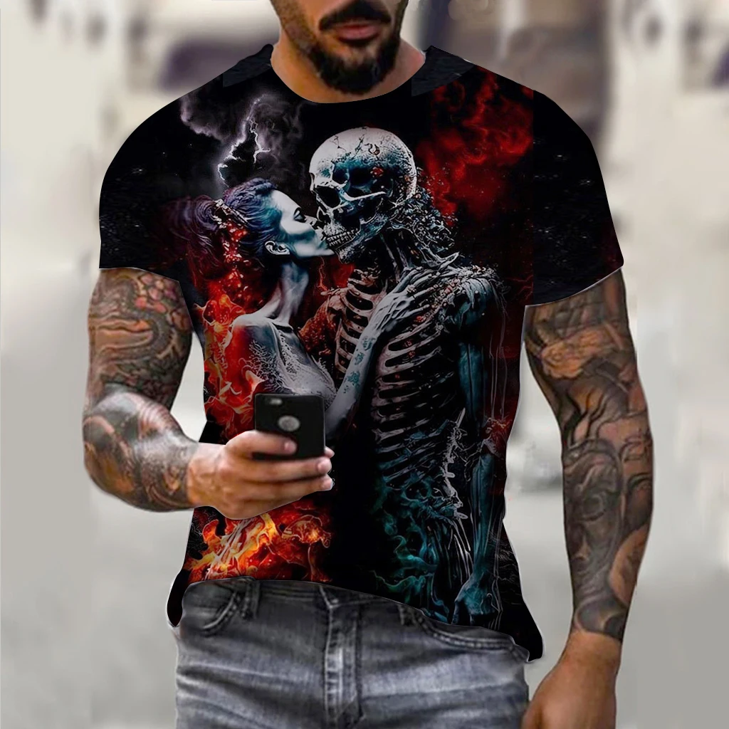 Men's Horror Skull Print T-shirt 3D Print Vintage Short Sleeve Fashion Extra Large Casual T-shirts Men's Summer Street Clothing