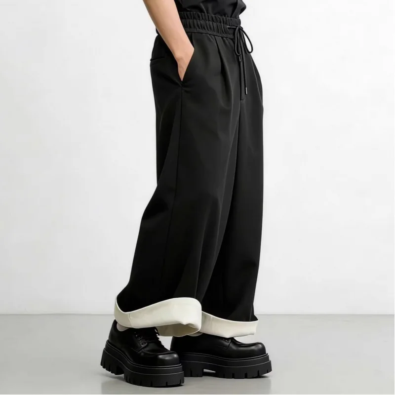 

Men'S Casual Pants Black Wide-Leg Pants Loose Drawstring High-Waisted Straight-Leg Pants Trendy Cropped Pants A16