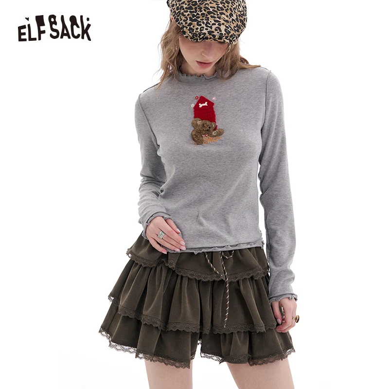 

ELFSACK 2025 Spring New Arrivals Ear Edge Base Layer Top Thin Long Sleeve T-Shirt White Wood Ear Edge Top