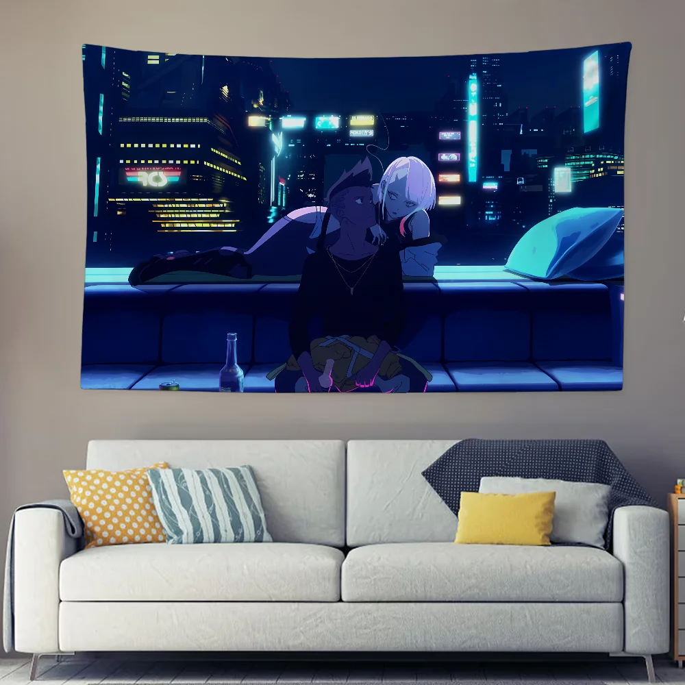 Cyberpunk Edgerunners Tapestry David & Lucy Night City Scene Print, Neon Cyberpunk Anime Wall Hanging for Bedroom & Gaming Decor
