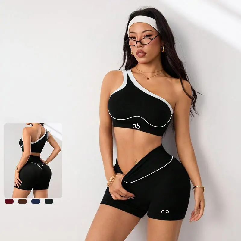 Seamless Knitted Yoga Suit Set for Women, Shoulder Bra, Tank Top, Shorts, Fitness Stretch Tight Sports Cycling Set