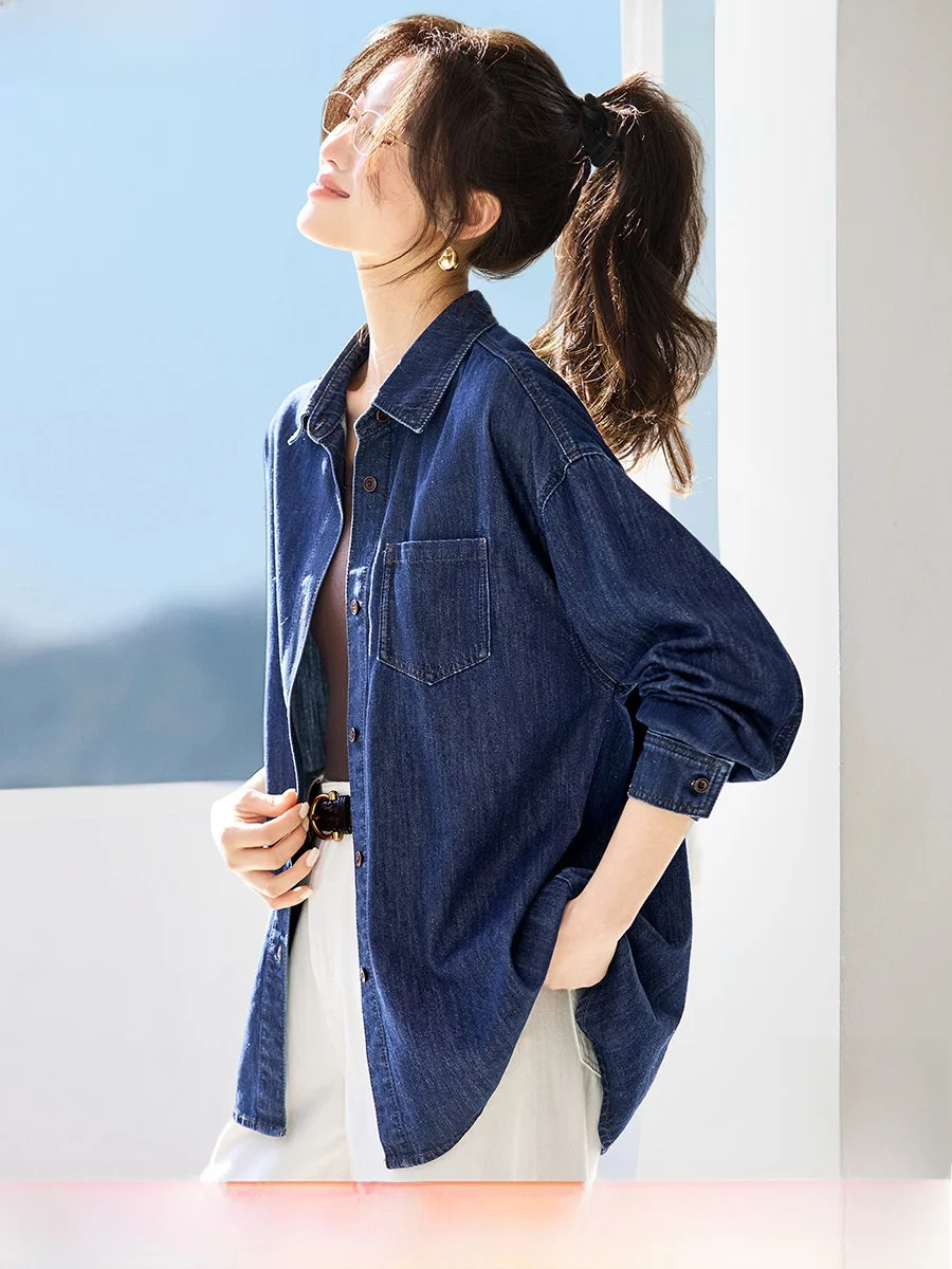

Comfortable Oversized Denim irt Commute Casual Versatile Outerwear Spring 2026 Simple Sle Women's Cotton Blend irt