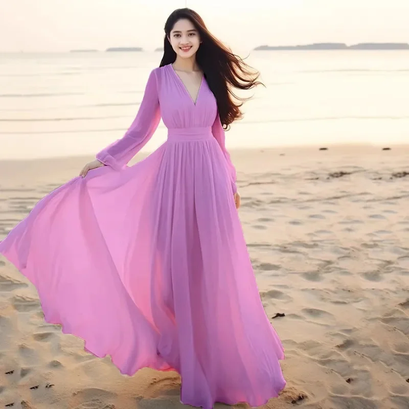 Mulheres senhoras roupas de manga longa sexy clube boho praia vestido senhora verão profundo decote em v festa longo maxi vestido feminino