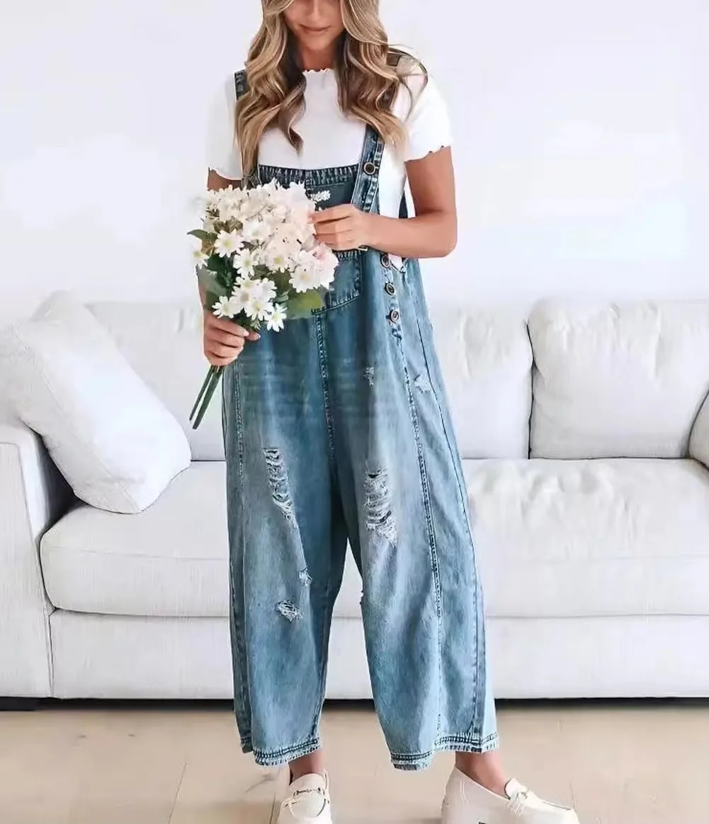 Fashion Women Casual Loose Solid Jeans Jumpsuit Summer Strap Dungaree Harem Trousers With Pockets Overalls Ropa Mujer