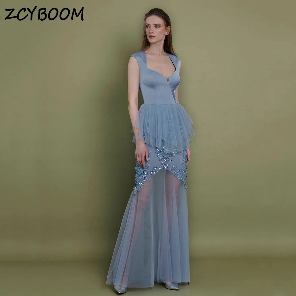 

Charming Blue V-Neck Sparkly Sequin Appliques Sleeveless Evening Dress 2024 Mermaid Floor Length Zipper Custom Made Prom Dress