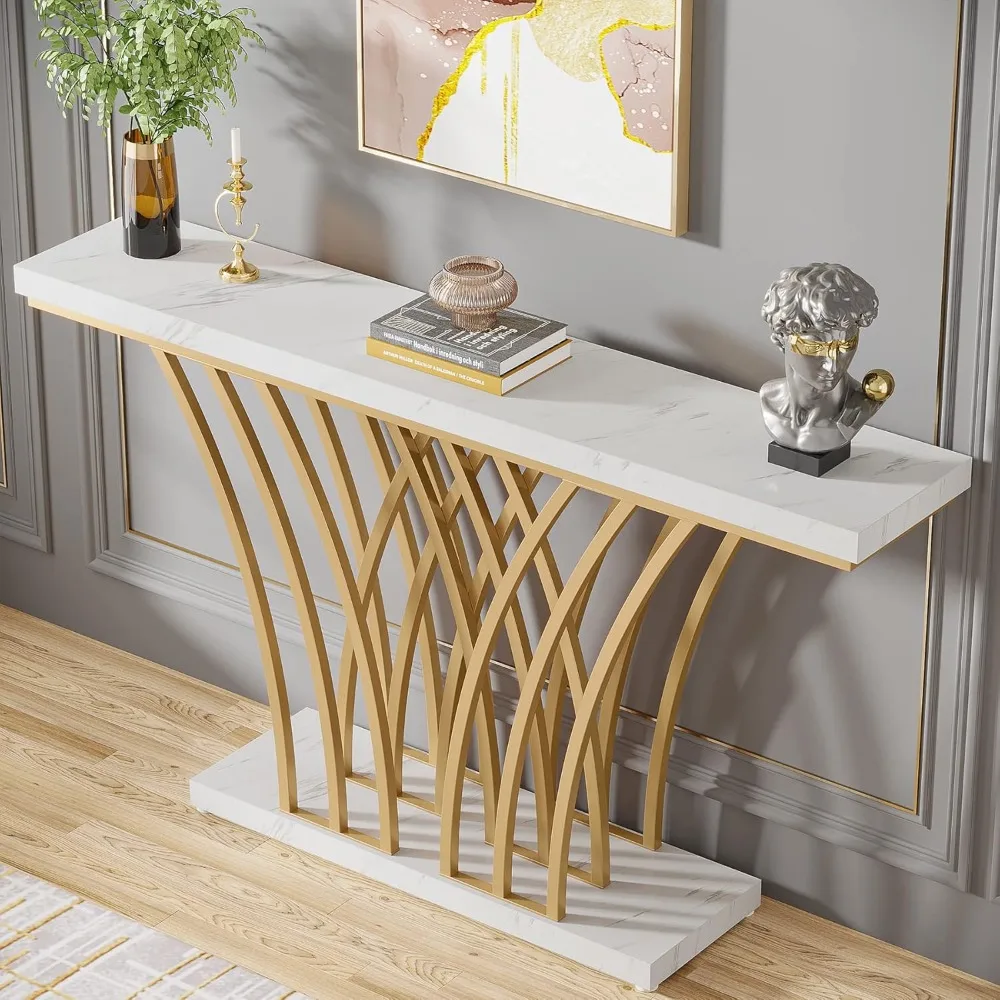 59 inch Gold Console Table, Modern Entryway Table with Grid-Shaped Metal Base for Entrance, Hallway, Entryway, Living Room