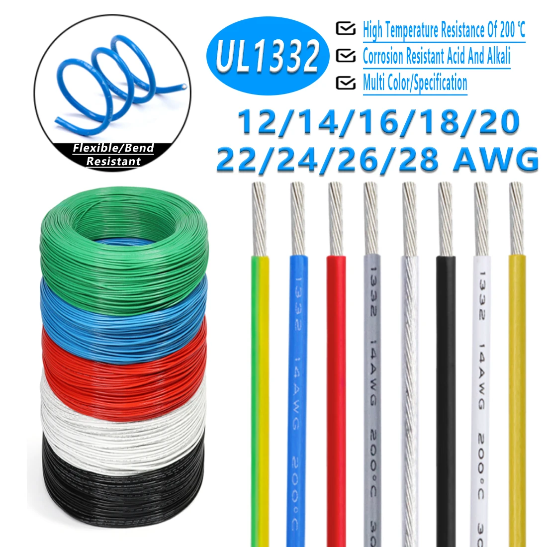 

5M PTFE Wire 30/28/26/24/22/20/18/16/14/13/12/10AWG UL1332 FEP Plastic Insulated High Temperature Electronic Copper Cable