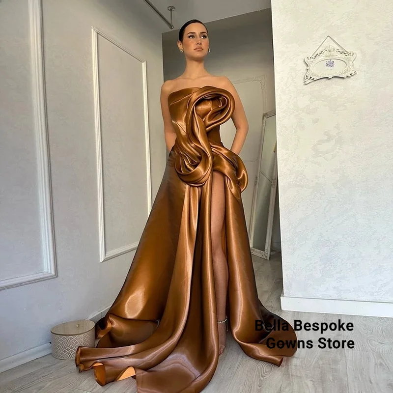 

Elegant Brown Evening Dresses A-Line Draped High Split Ruffles Strapless Long Party Dress Modern Prom Gowns Customized