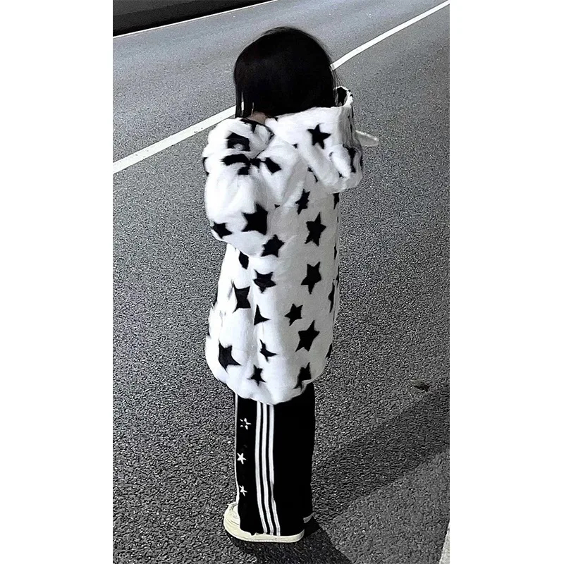 Giacca con cappuccio stampata a stella per donna Inverno Allentato oversize Sudaderas Harajuku Ropa Mujer Con cappuccio Zip Up Moda Y2k Goth Cappotti