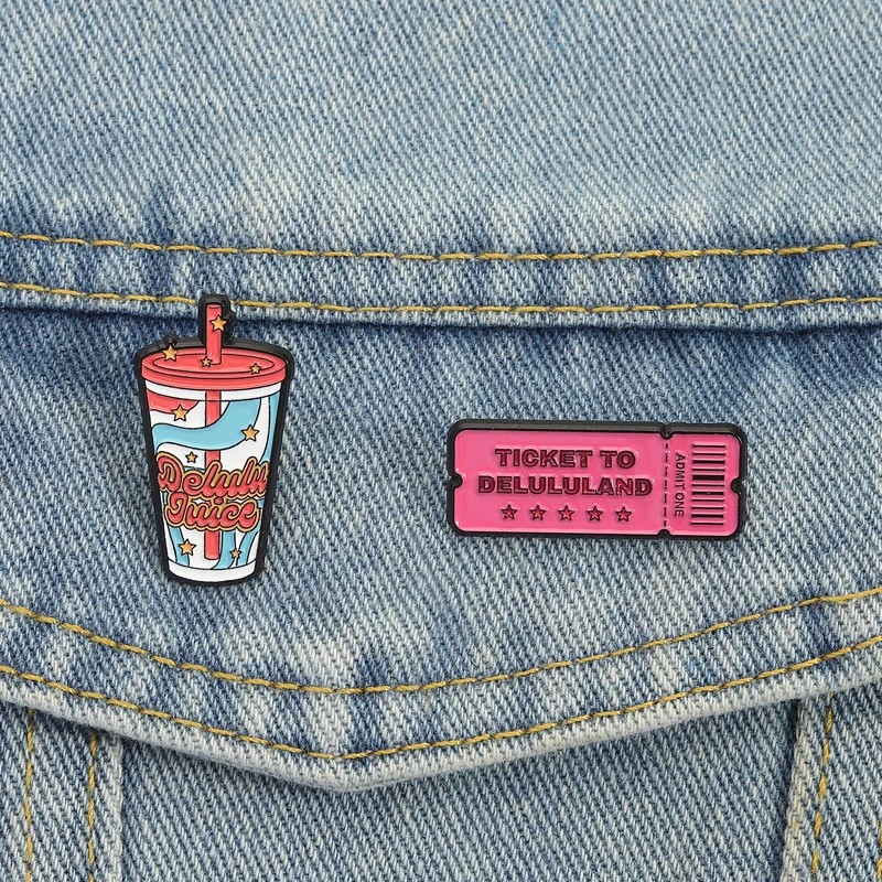 Delulu Juice Enamel Pins Cartoon Ticket To Delululand Brooches Lapel Badges Clothes Funny Jewelry Gift for Kids Friends