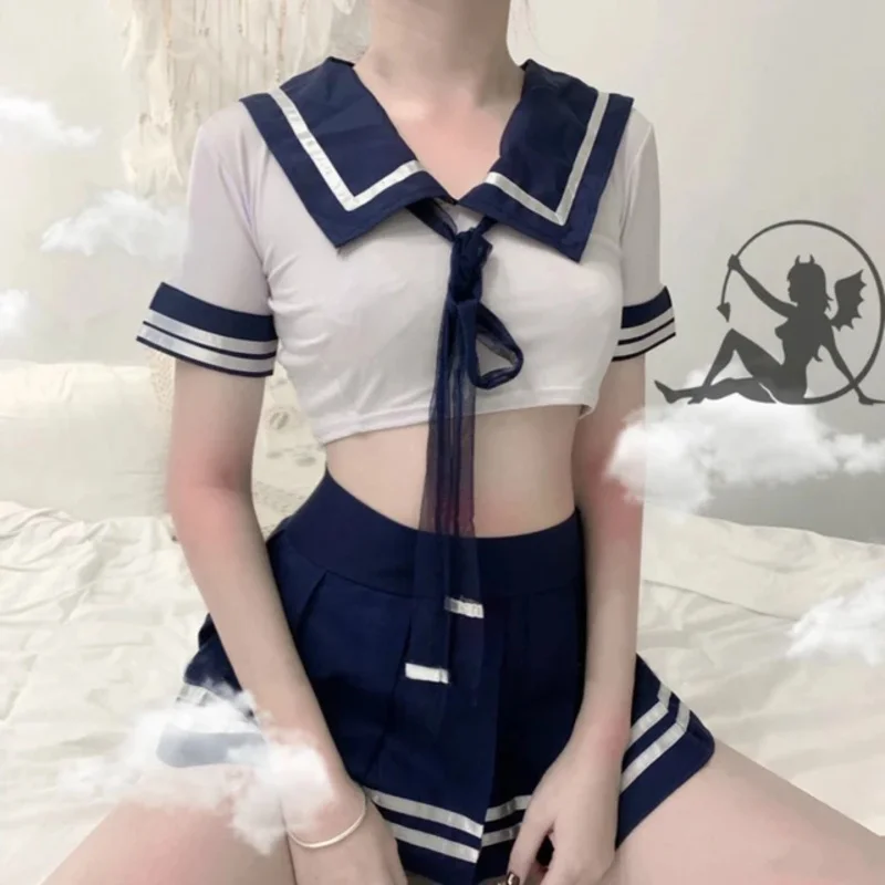 Girl Erotic Lingerie Role-playing Suit See Through Crop Top&Plaid Mini Skirt Women Schoolgirl Cosplay Costume Sex Uniforms