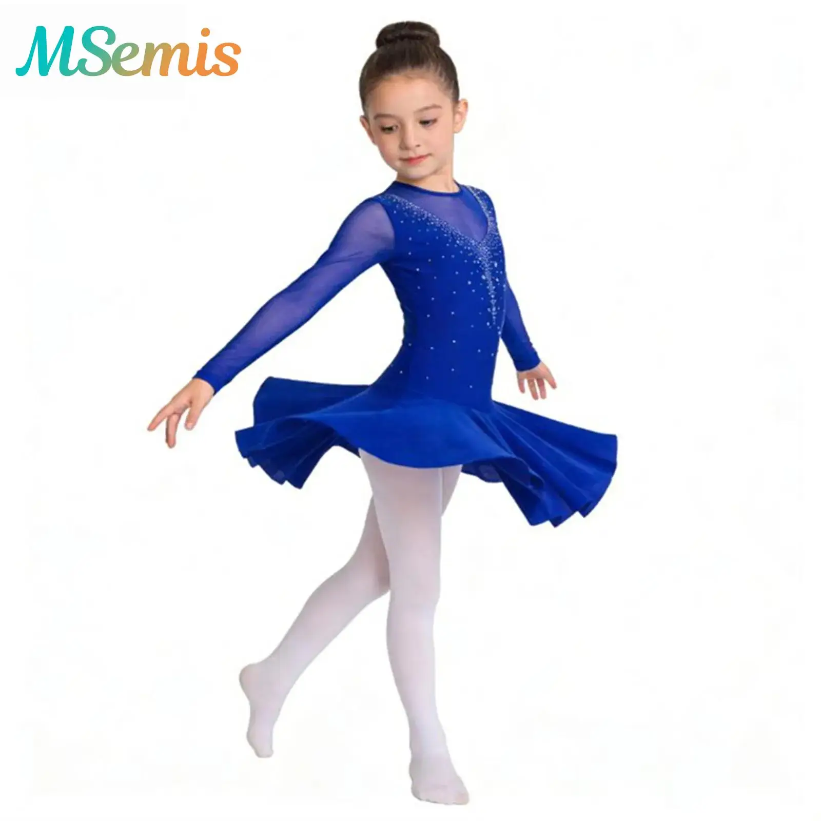 

Kids Girls Gymnastics Figure Skating Ballet Lyrical Dance Costume Long Sleeve Round Neckline V Shape Rhinestone Leotards Dress