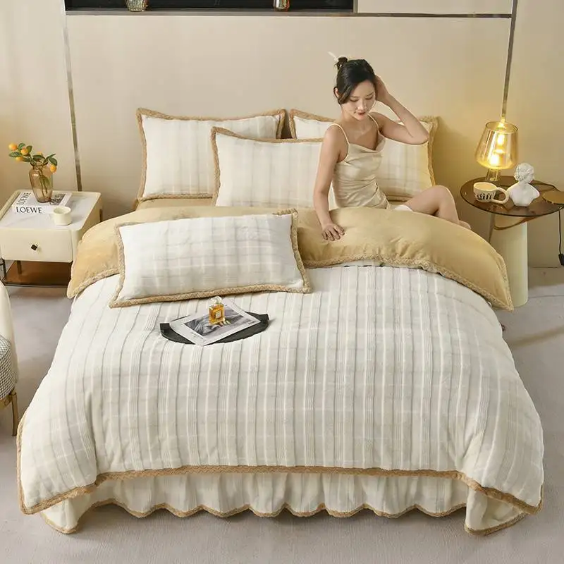 2024 new skin-friendly and comfortable carved milk fleece four-piece bed skirt mattress winter warm and thicker