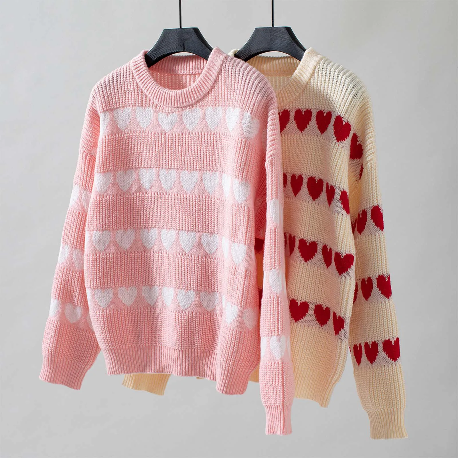 Women Lovely Beautiful Knitted Sweater Love Pattern Fashion Warm Comfortable Pullover Crewneck Long Sleeve Casual All-Match Top