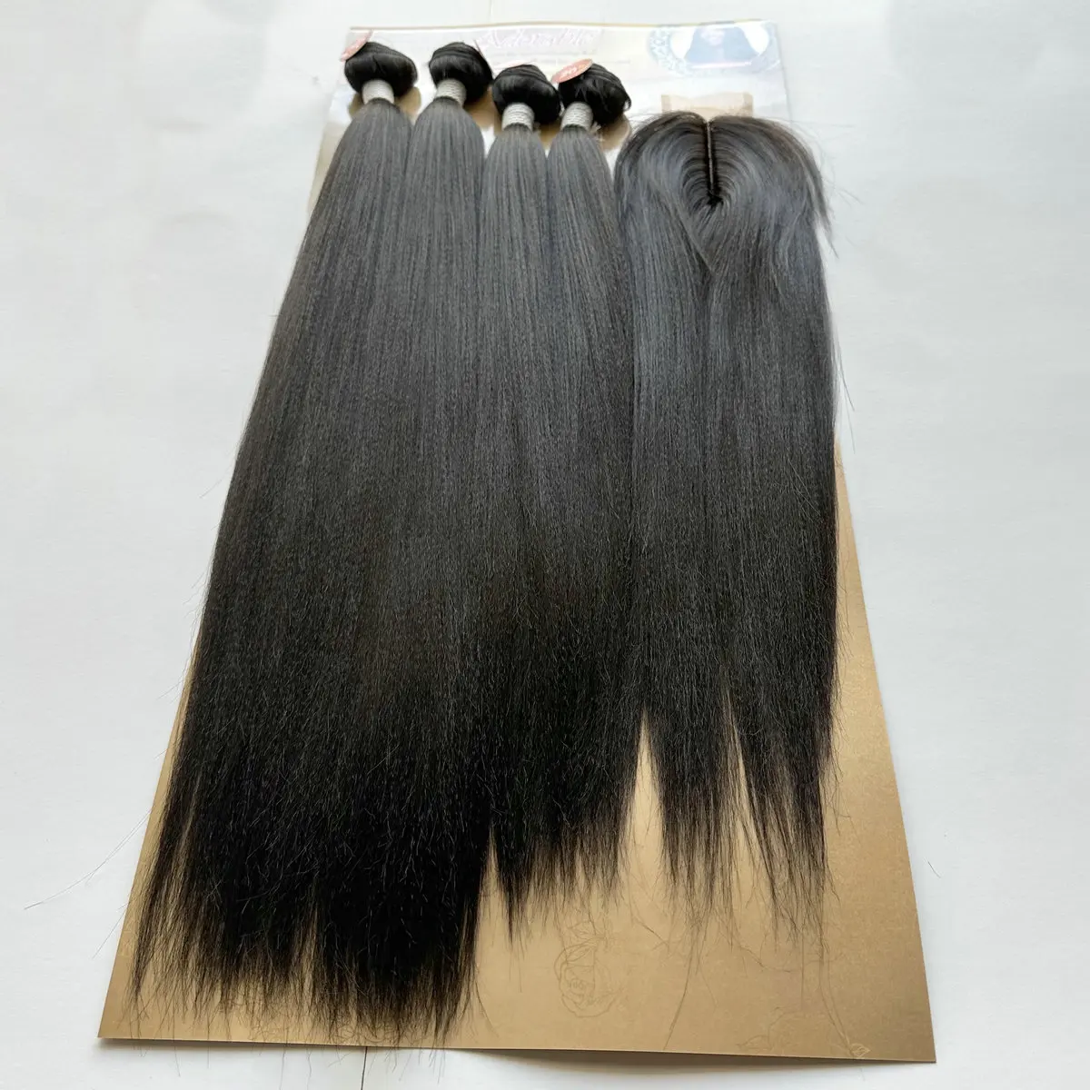 New Silk Yaki Straight One Pack Solution,Packet Synthetic Hair Bundles With 2x4 T Part Hand Made Lace Closure GOLD YAKI 4PCS