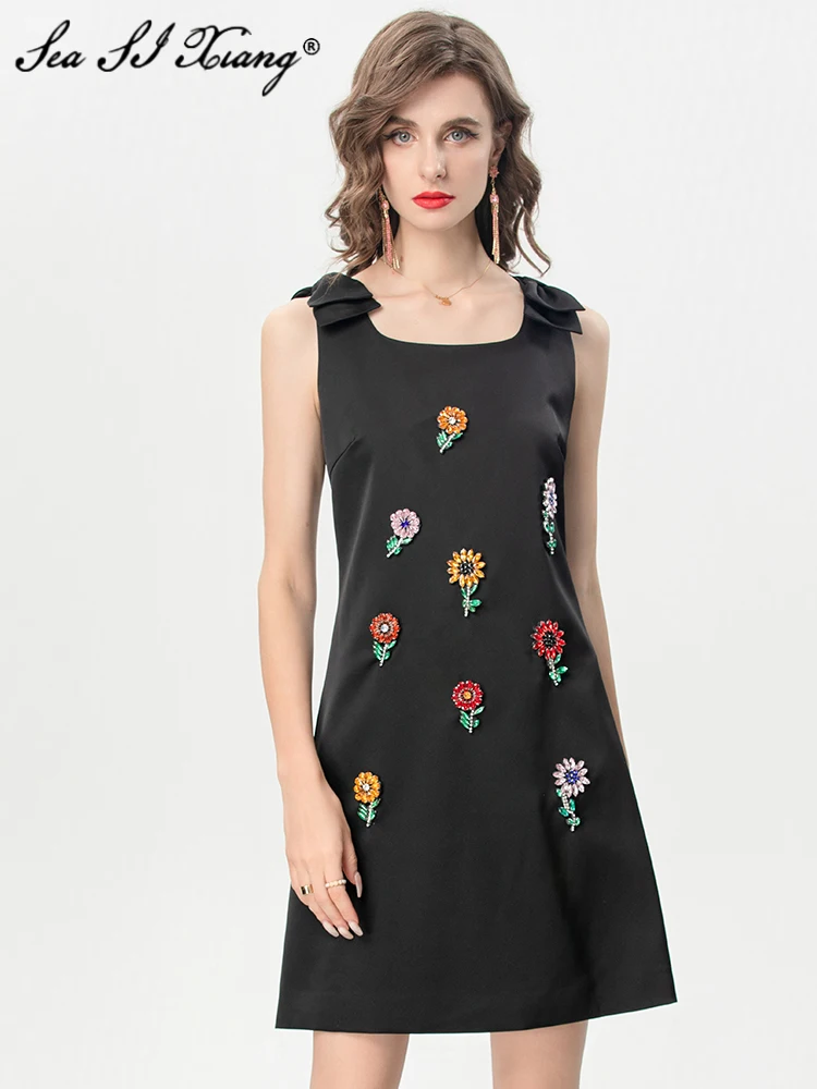 

Seasixiang Fashion Designer Summer Dress Women's O-Neck Sleeveless Diamonds Floral Black High Street Dresses