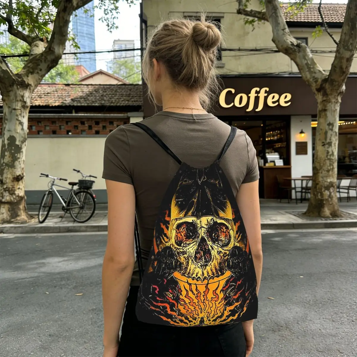 Skeleta Album Ghost Band Backpacks Portable Drawstring Bags Sundries Bag Book Bags for Travel Students