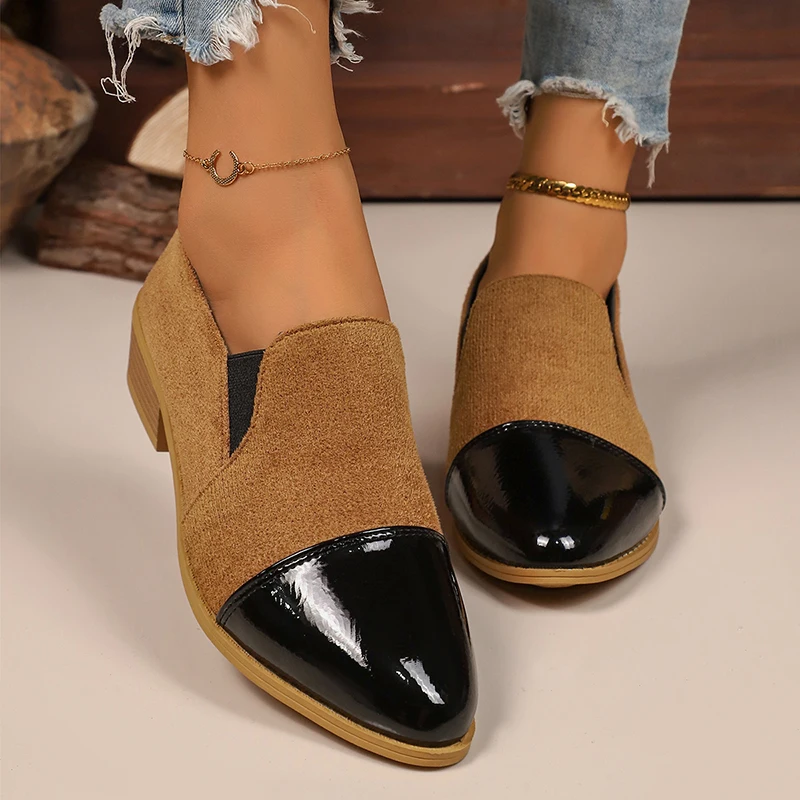 Zapatos de tacón bajo con estampado de leopardo para mujer, zapatos de vestir de retazos de charol a la moda, mocasines cómodos con punta estrecha