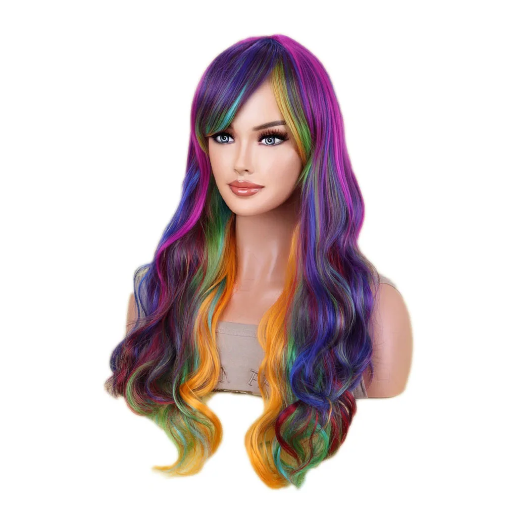 WoodFestival Synthetic Hair Wig With Bangs Colored Cosplay Wigs For Women Long Wavy Rainbow Pink Blue Red Green Brown White Grey