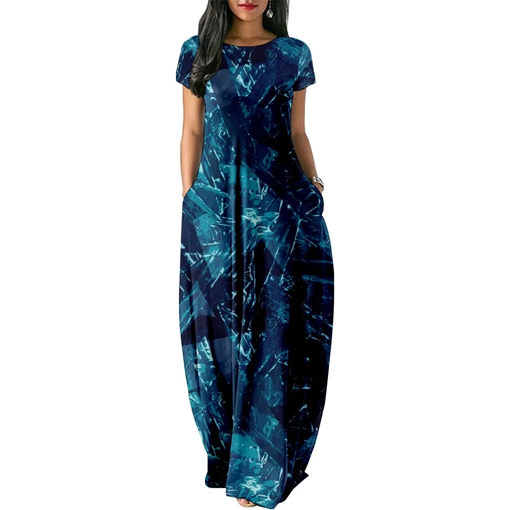 Water pattern Print Patchwork Print Women Casual Short Sleeve Dress Loose Long Double Pocket Beach Vacation Woman Dress