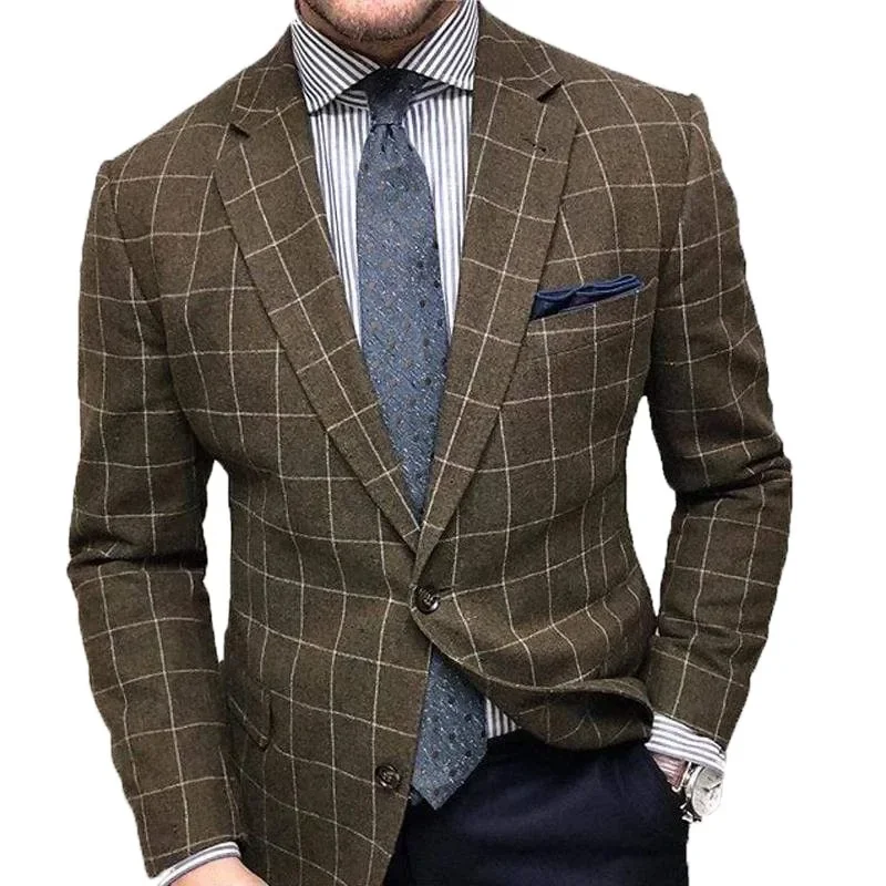 New Men\'s Slim Fit Plaid Suit Jacket 2023 Autumn Winter Blazers Men Vintage Single-Breasted Long Sleeve Turn-down Collar Blazers