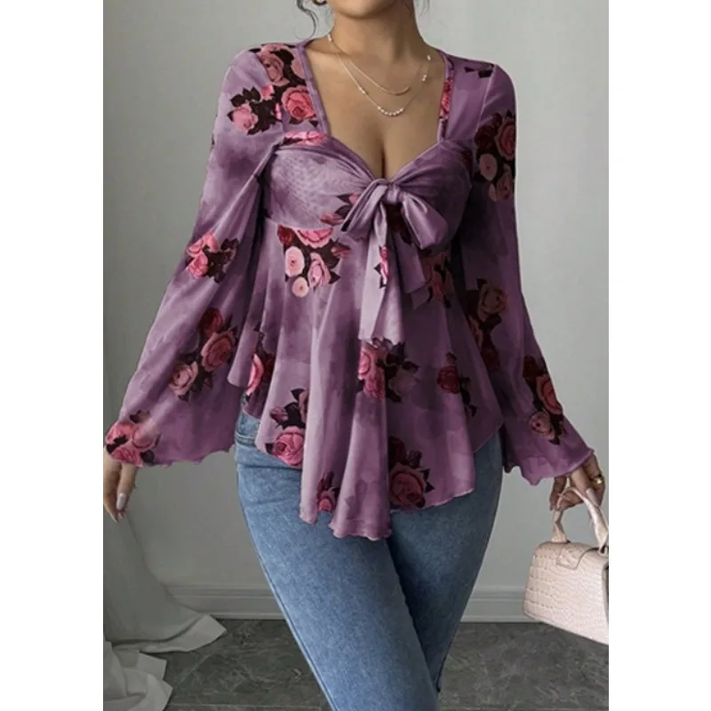

2025 New Women's Sweet Top Design French Flower Blouses Smudge Strap Square Collar Long Sleeve Shirt