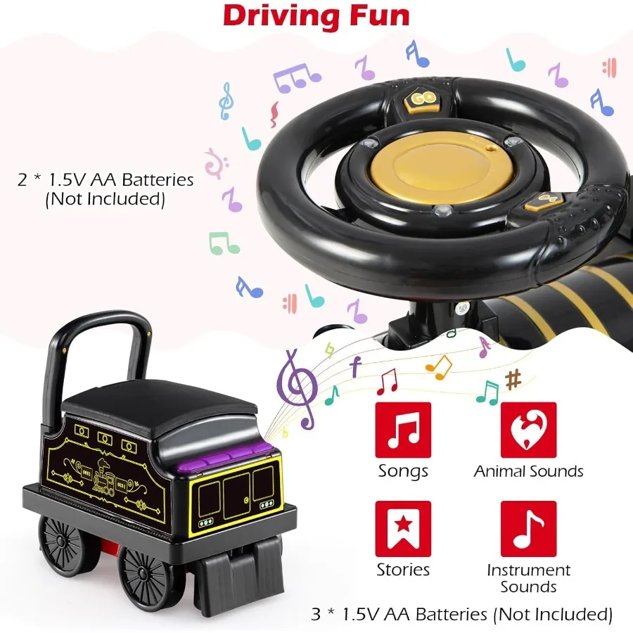 Tren de 2 plazas de 6 V con carro, almacenamiento, silbato de tren, música, luces para mayores de 18 meses (2 plazas, retro)