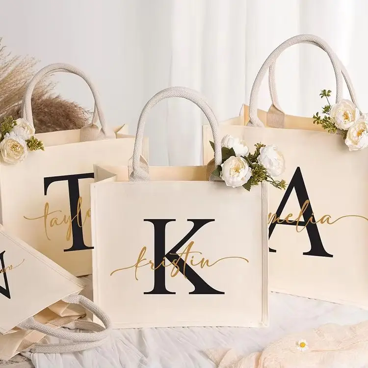 

Eco Friendly Canvas Tote Bag Personalized Wedding Monogram Print Bulk Handbag For Bridal Party Guest Welcome Gift